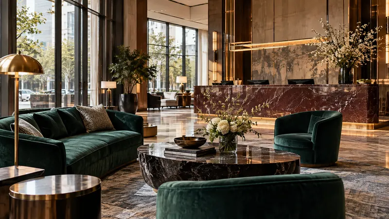 Lobi hotel dengan sofa hijau dan meja resepsionis batu merah