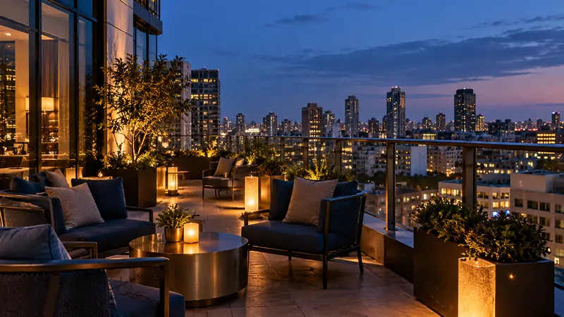 Teras hotel dengan pemandangan kota saat senja