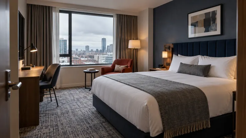 Kamar hotel kota dengan sandaran tempat tidur biru tua