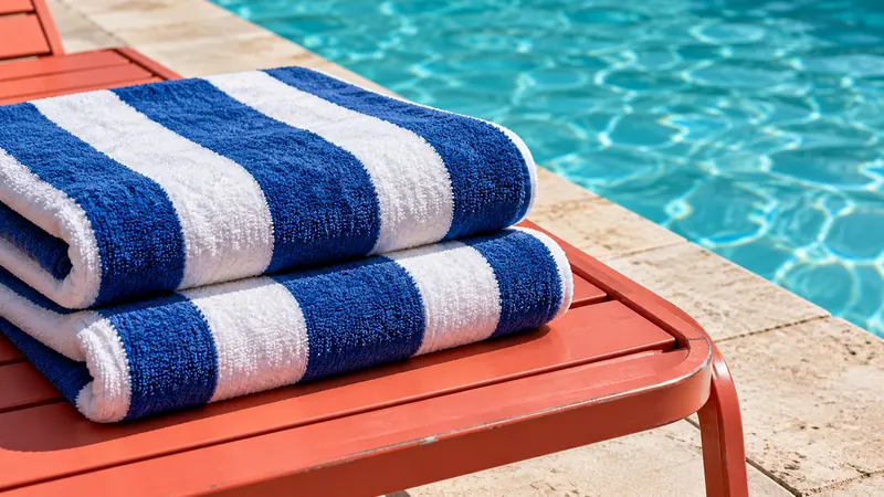 Handuk bergaris biru putih di kursi merah dekat kolam