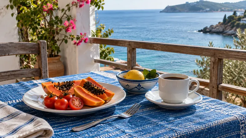 Sarapan di meja biru dengan pemandangan laut