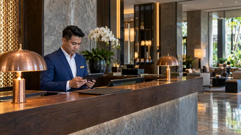 Resepsionis memakai jas biru sedang memeriksa tablet