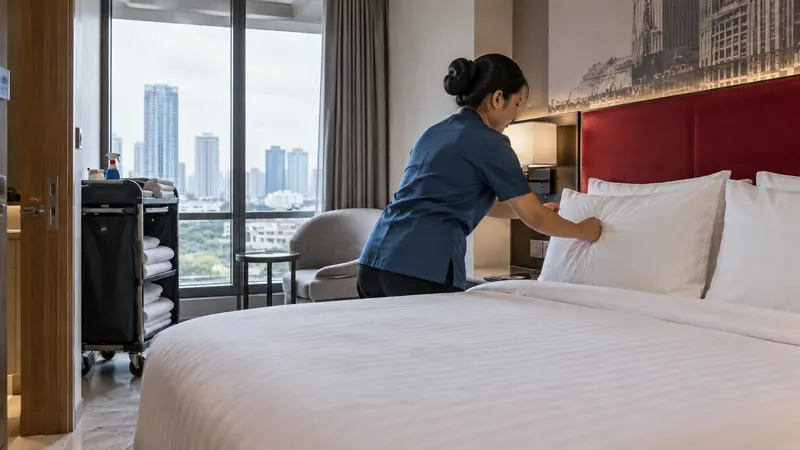 Petugas housekeeping merapikan bantal di kamar hotel kota