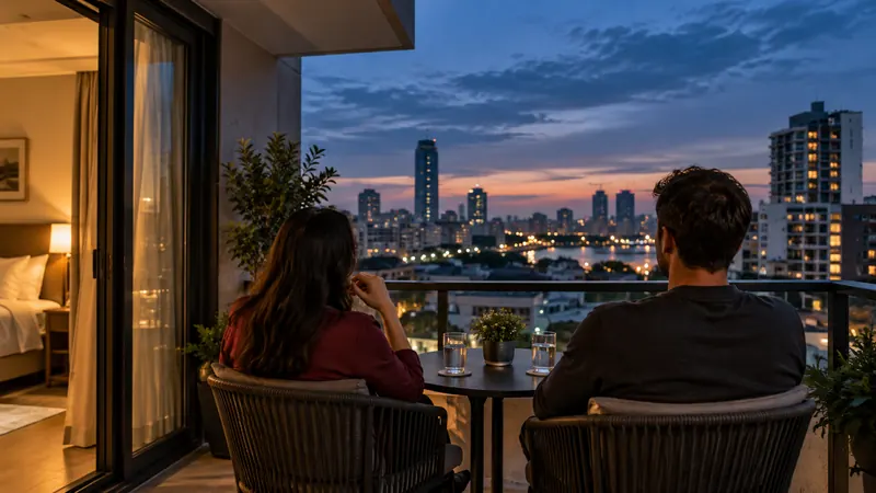 Dua tamu menikmati pemandangan kota dari balkon saat senja