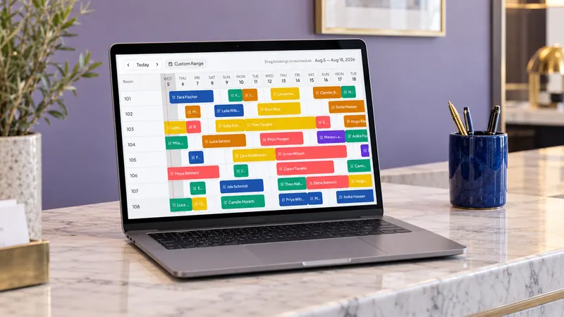 Illustrative laptop mock-up showing the Kiyo booking calendar