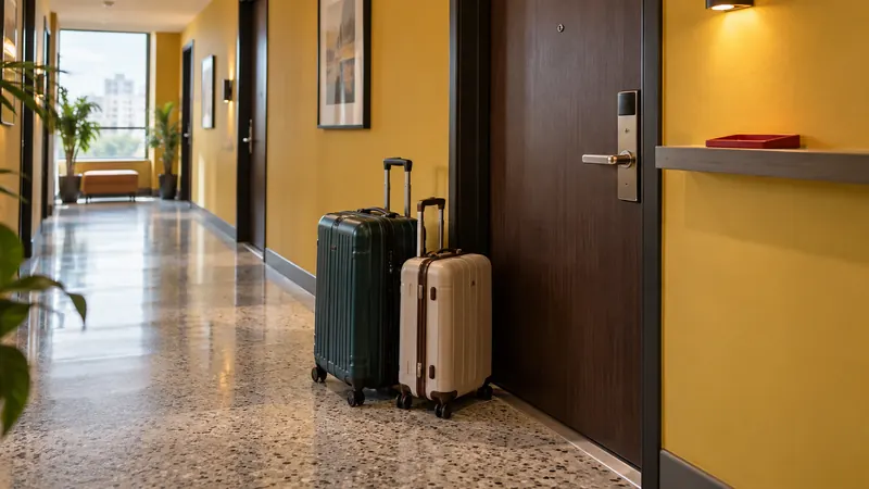 Two suitcases in a mustard-yellow hotel corridor