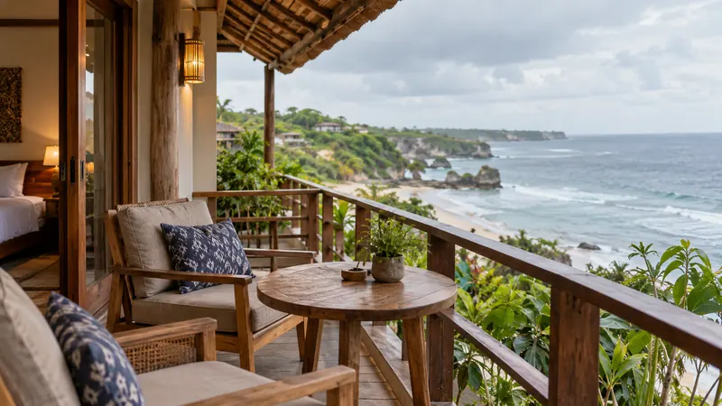 Seaside inn balcony beneath an overcast sky