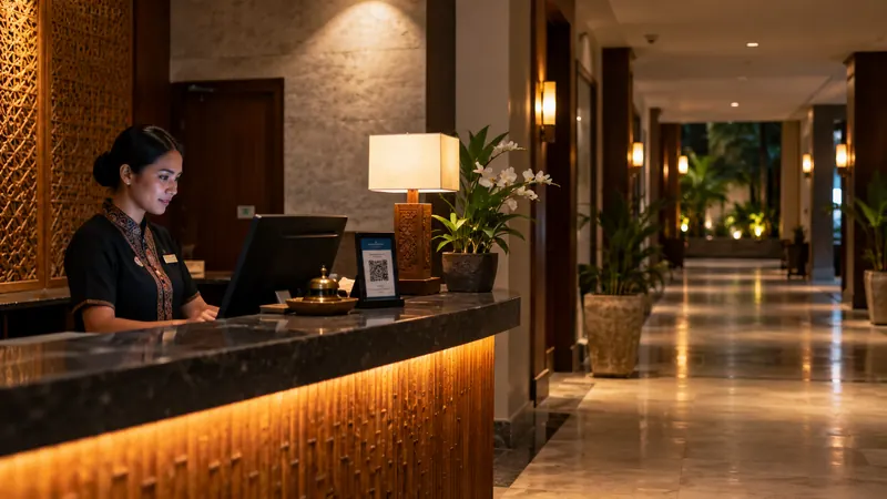 Hotel service corridor under night lighting