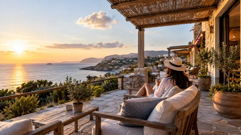 Coastal hotel terrace in late afternoon