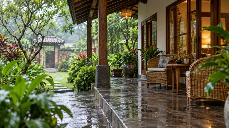 Garden villa veranda after rain