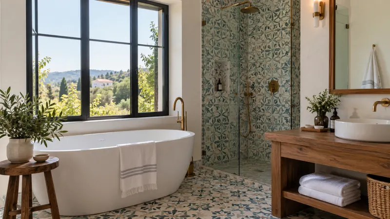 Bright hotel bathroom with patterned tiles