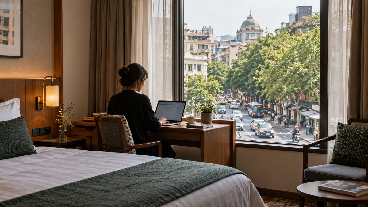 City hotel window overlooking traffic