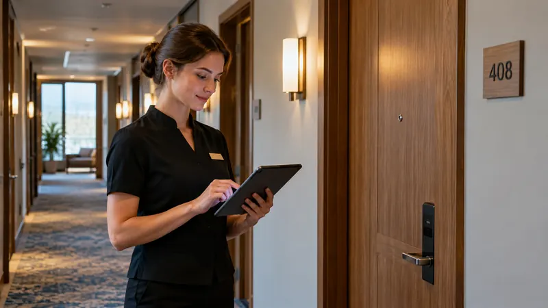 Koridor hotel dengan deretan pintu kayu