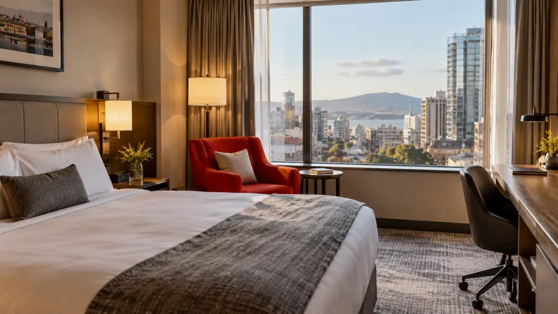 Kamar hotel kota dengan kursi aksen merah