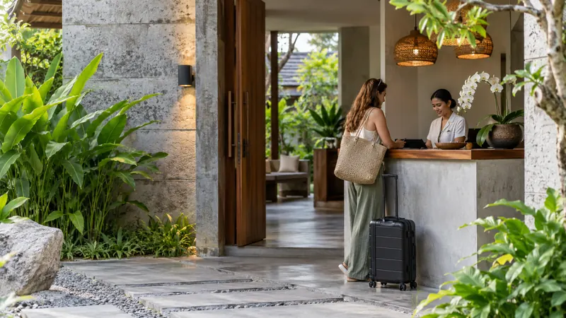 Pintu masuk vila modern dengan beton dan tanaman
