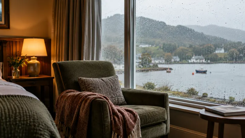 Rain-speckled window beside a reading chair