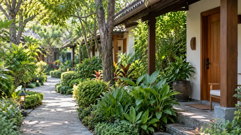 Jalur taman hotel dengan cahaya matahari yang menembus dedaunan