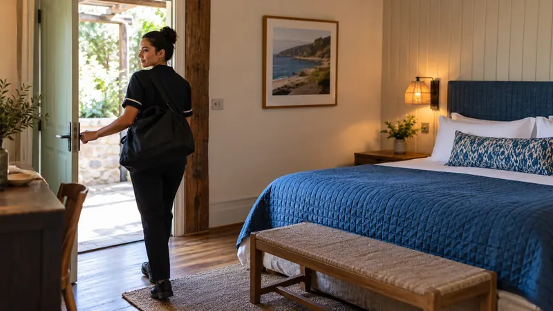 Kamar tamu dengan selimut biru dan lantai kayu