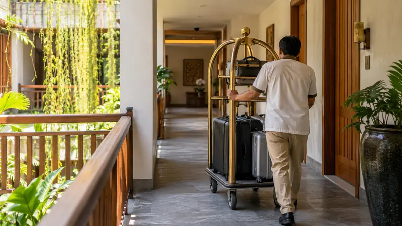 Hotel corridor with a luggage trolley