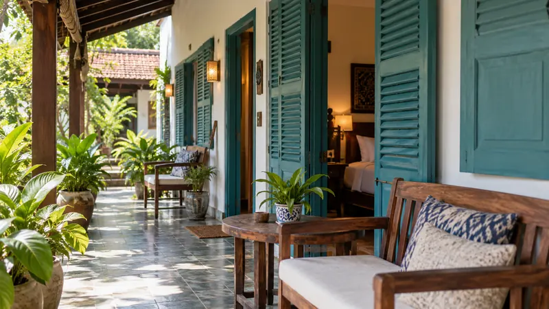 Teras guesthouse dengan daun jendela bercat