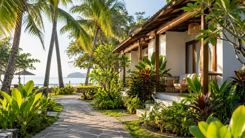 Resort pathway beside palms in morning light