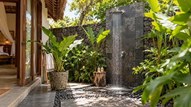 Shower luar vila yang dikelilingi dedaunan