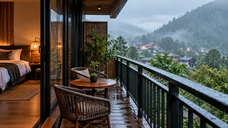 Balkon kamar hotel saat hujan
