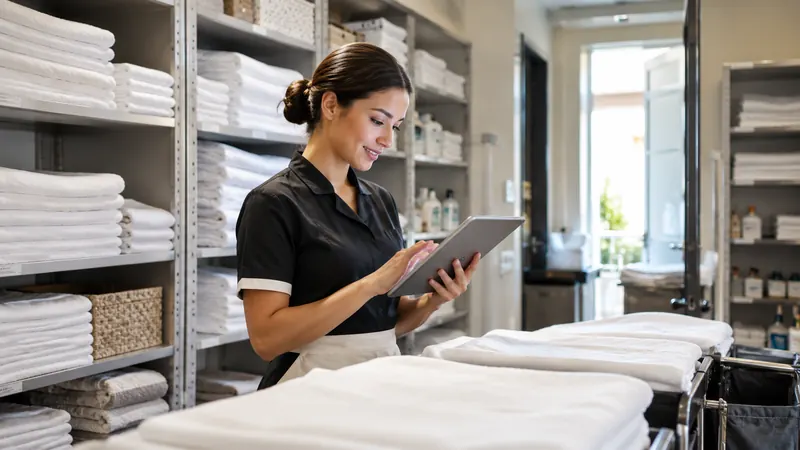 Bright hotel housekeeping linen room