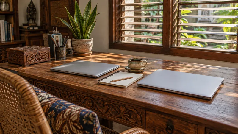 Meja jati berukir dengan dua laptop tertutup berdampingan di kantor belakang sebuah hotel heritage di Yogyakarta