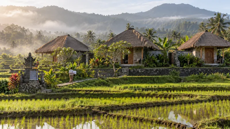 Vila beratap alang-alang di atas sawah terasering Sidemen, Bali, diselimuti kabut pagi