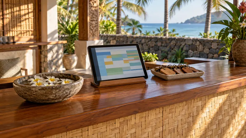 Tablet menampilkan kalender pemesanan berwarna di meja resepsionis kayu jati sebuah guest house di Lombok