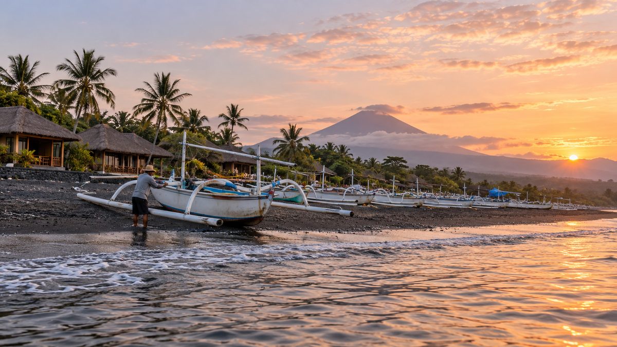 Fisherman holding a white outrigger boat on a black-sand beach with bungalows and a volcano behind