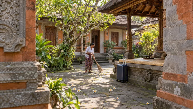 Ibu bersarung menyapu bunga kamboja di halaman homestay keluarga Bali, dengan koper di dekat bale