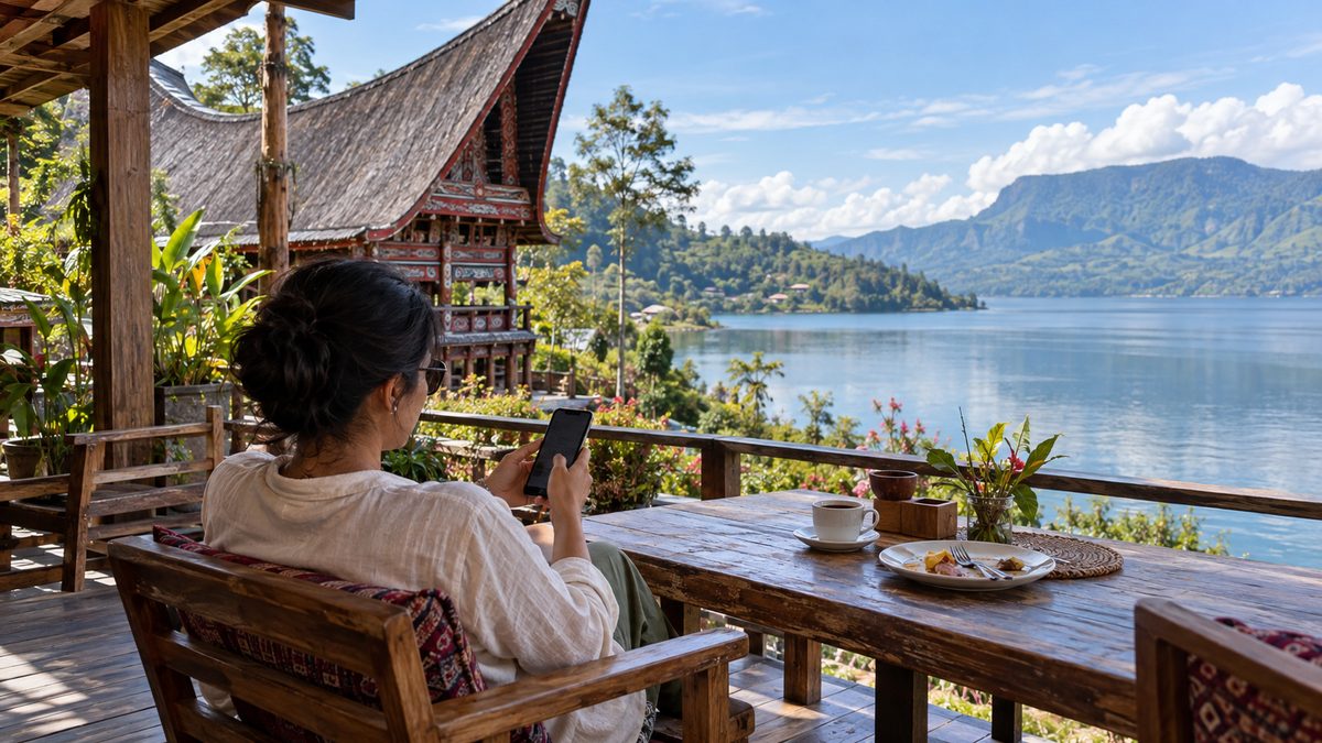 Tamu memakai ponsel di teras kayu setelah sarapan, dengan rumah adat Batak dan Danau Toba di kejauhan