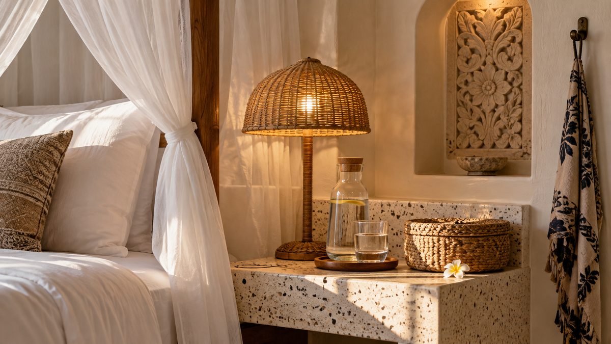 Rattan bedside lamp, water carafe and woven basket on a terrazzo shelf beside a white canopy bed
