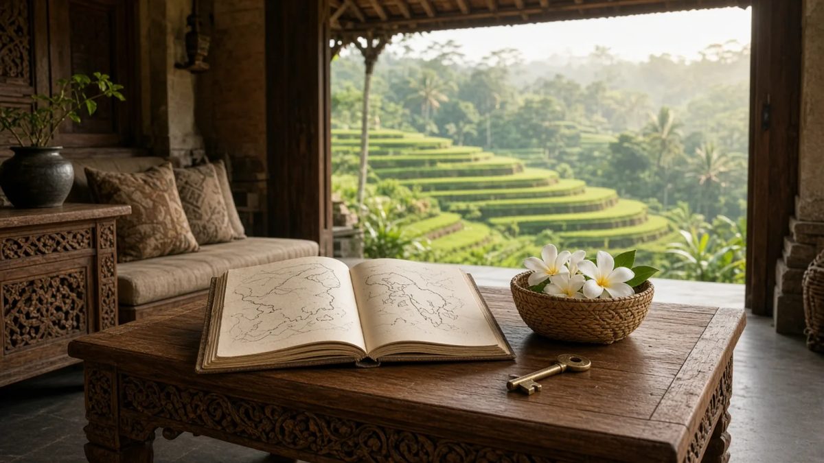 Open guidebook with hand-drawn maps, a brass key and frangipani on a carved teak table in a villa overlooking rice terraces