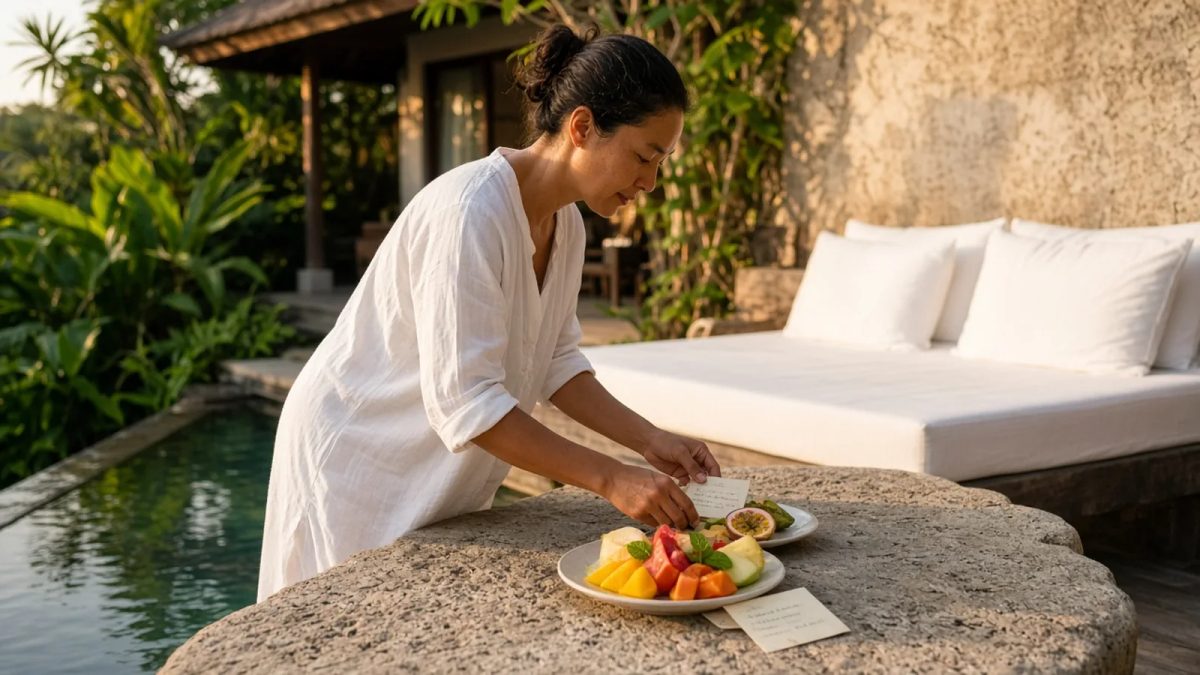 Villa host placing a fruit plate and welcome card on a stone table beside a private pool and white daybed