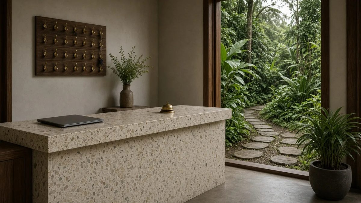 Terrazzo reception desk with a closed laptop and brass bell, key hooks on the wall and a stone path into a jungle garden