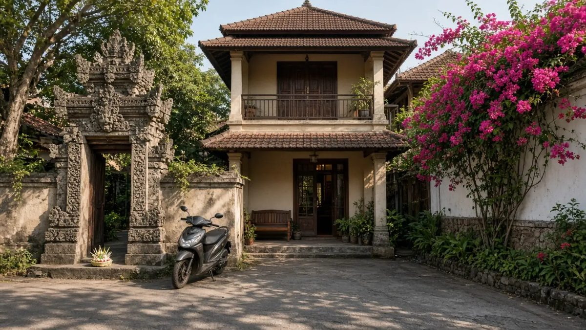 Two-storey guesthouse behind a carved Balinese stone gate, with a parked scooter and pink bougainvillea in morning sun