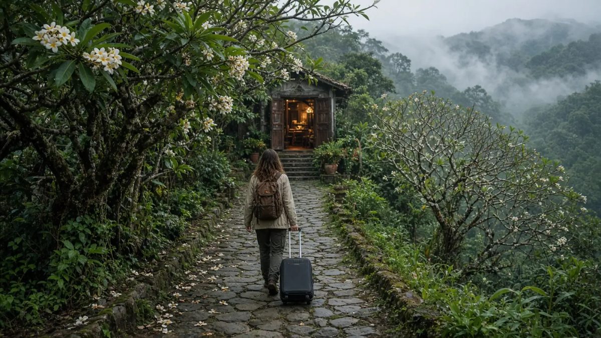 Wisatawan dengan ransel dan koper berjalan di jalan batu berhias pohon kamboja menuju penginapan kecil di bukit berkabut