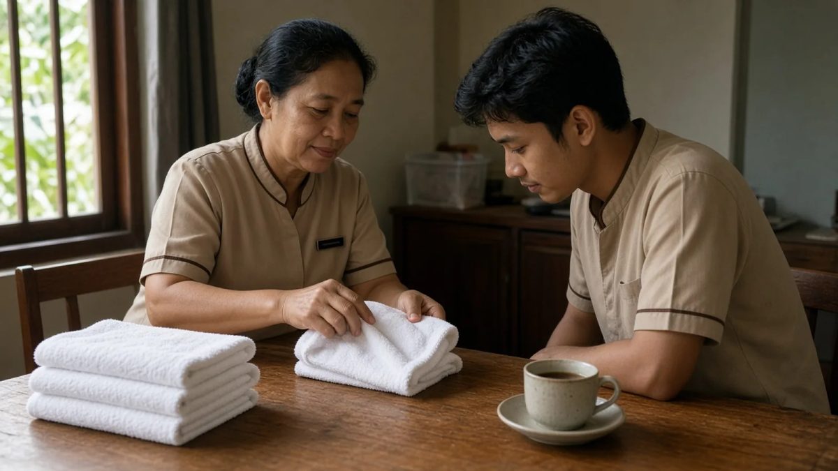 Experienced housekeeper showing a younger colleague how to fold towels at a wooden table