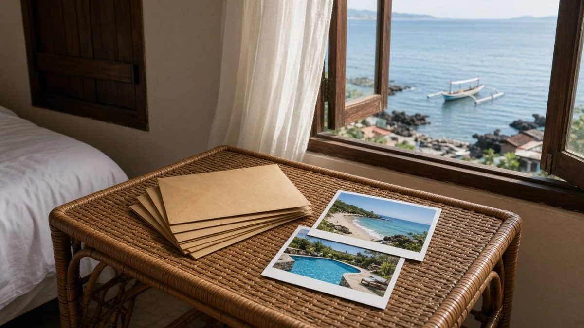 Amplop kertas cokelat dan foto pantai serta kolam di meja rotan dekat jendela menghadap laut dan perahu jukung