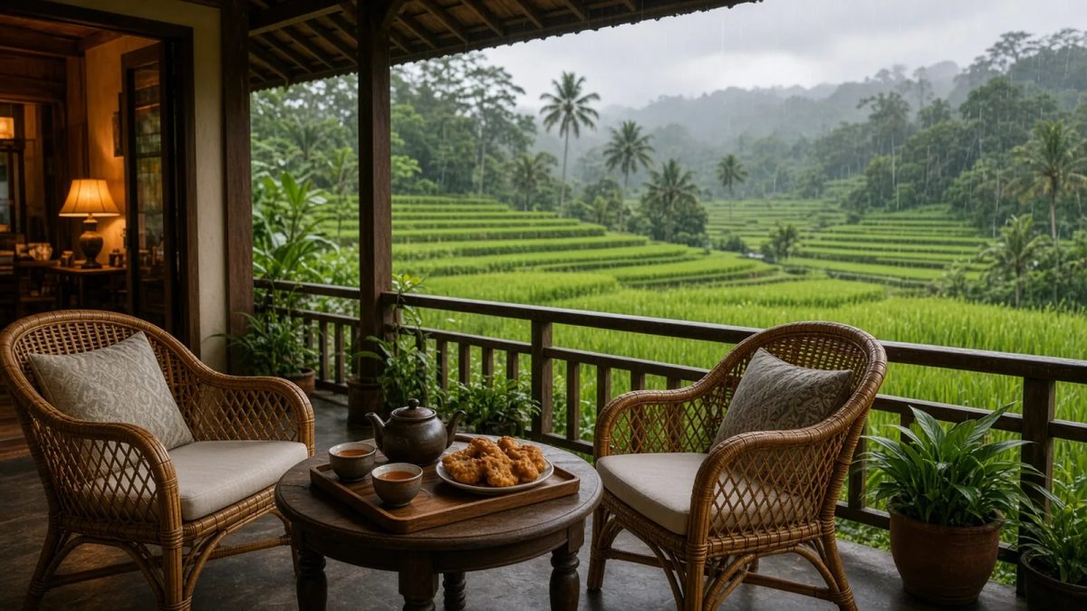 Covered veranda with rattan chairs, ginger tea and fried bananas overlooking rice fields in the rain