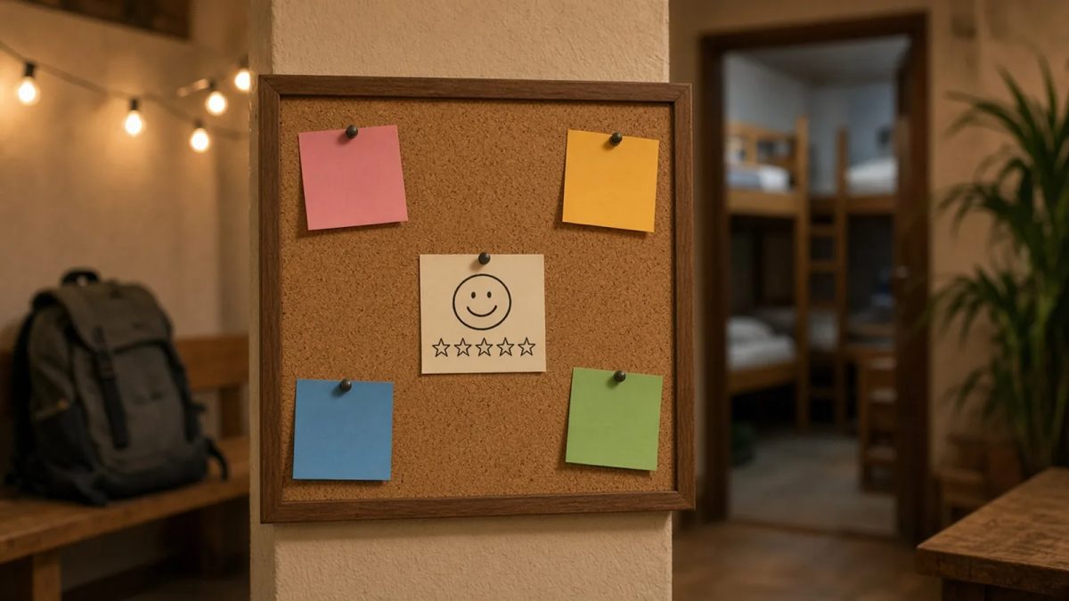 Cork board in a hostel with a smiley face and five-star note, a backpack on a bench and bunk beds in the background