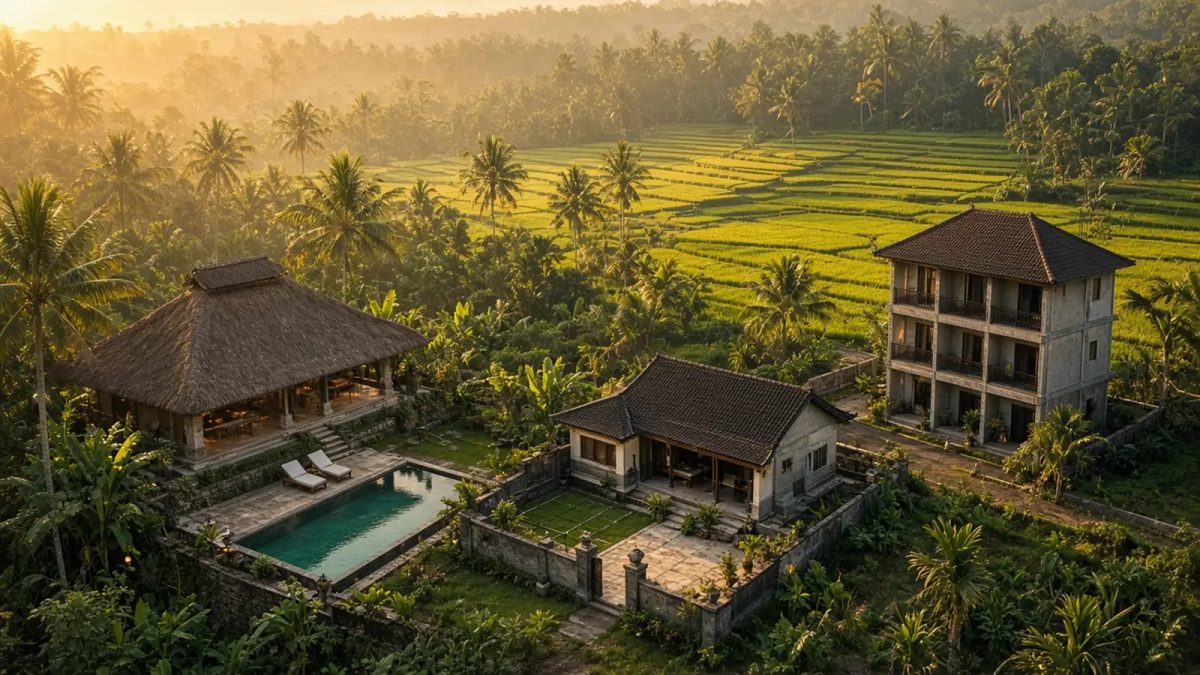 Pemandangan vila beratap alang-alang berkolam, guesthouse dan hotel tiga lantai di antara kelapa dan sawah saat fajar