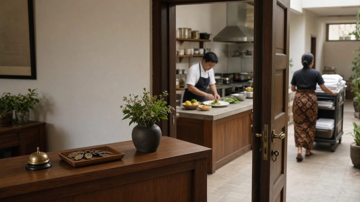 Reception bell and keys in front of a doorway showing a cook in a kitchen and a housekeeper with a linen trolley