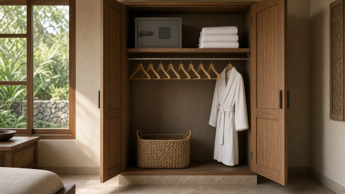 Open wooden wardrobe in a villa room with a closed in-room safe, folded towels, a white robe and a woven basket