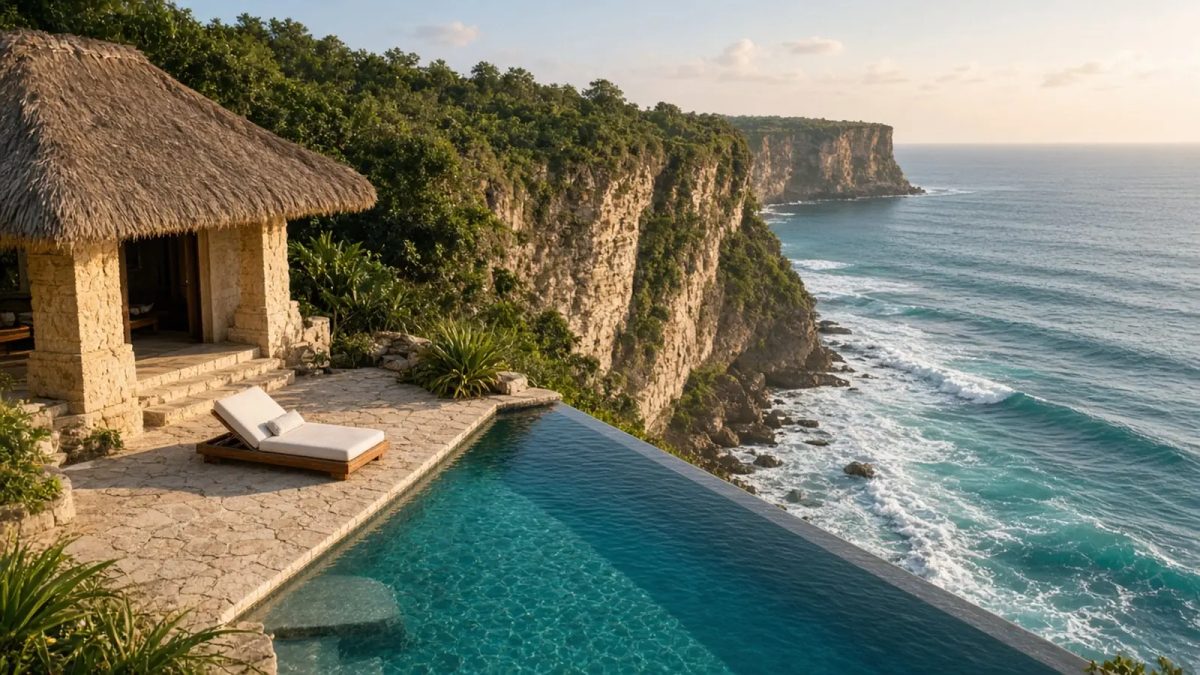 Vila di atas tebing dengan paviliun beratap alang-alang, kursi santai dan kolam infinity di atas laut biru kehijauan