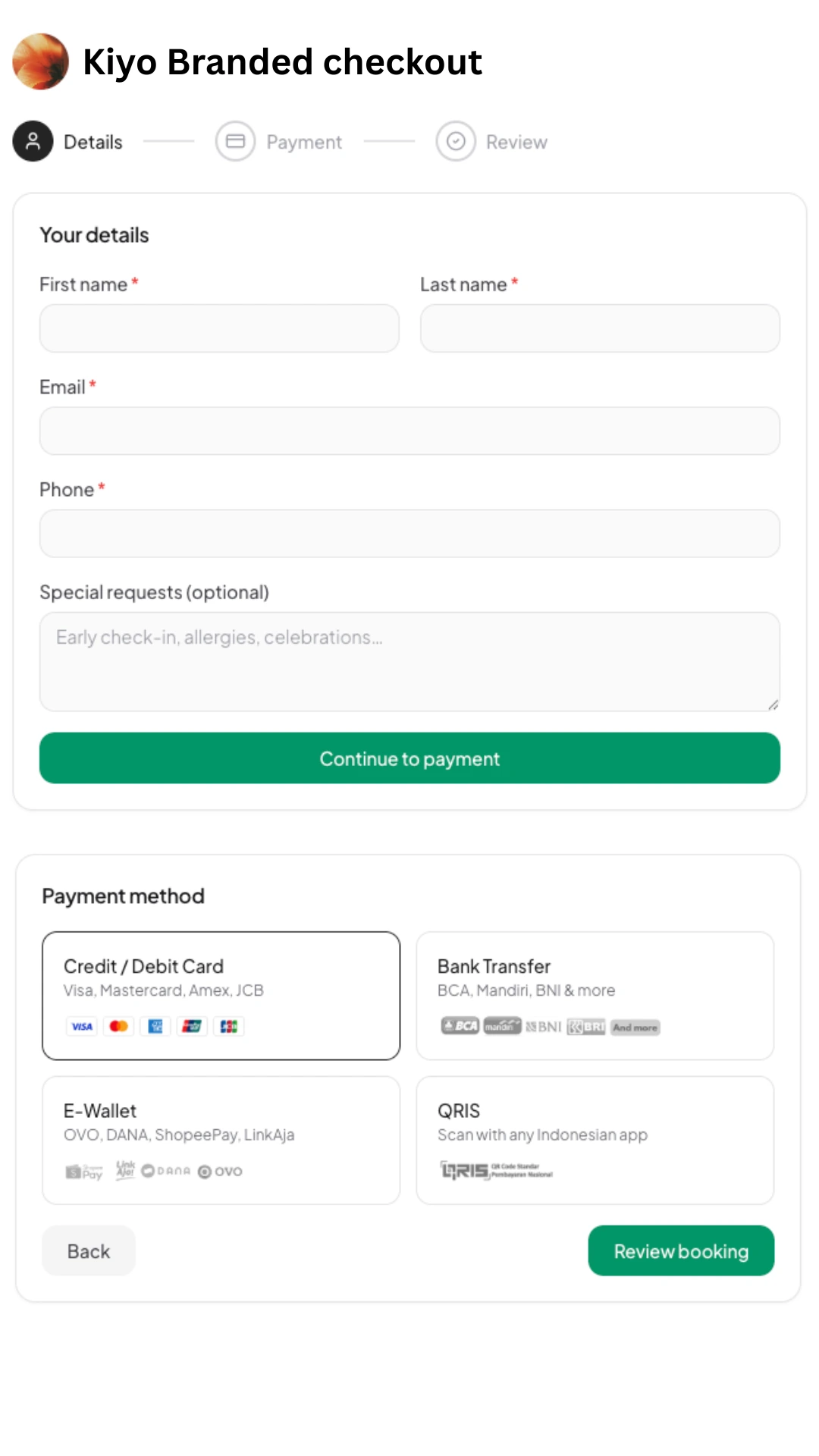Branded Kiyo booking checkout
