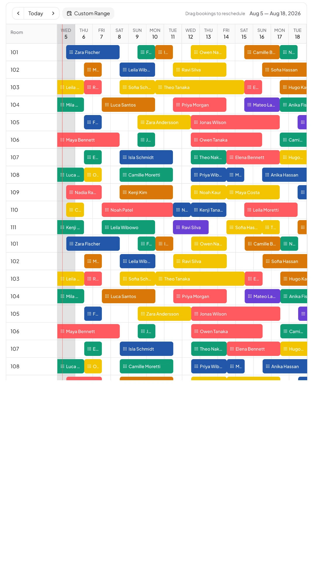 Kiyo live booking calendar with rooms and reservations